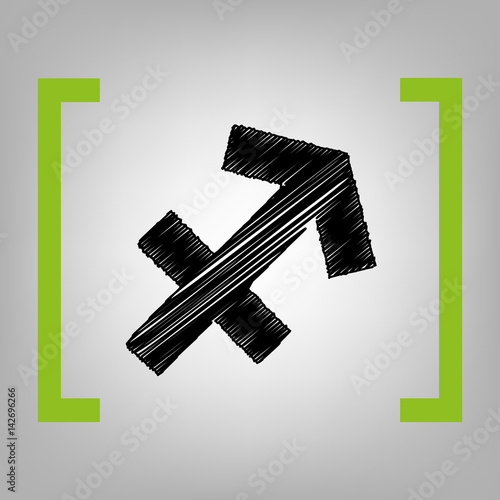 Sagittarius sign illustration. Vector. Black scribble icon in citron brackets on grayish background.