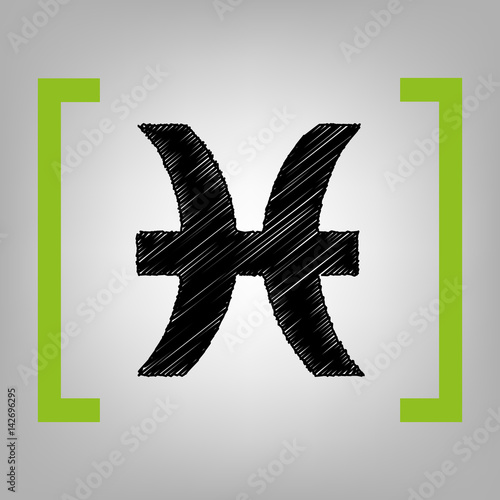 Pisces sign illustration. Vector. Black scribble icon in citron brackets on grayish background.