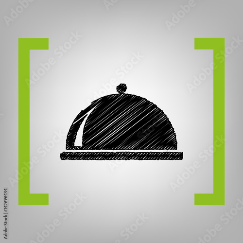 Server sign illustration. Vector. Black scribble icon in citron brackets on grayish background.