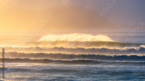 panorama of beautiful waves at sunset