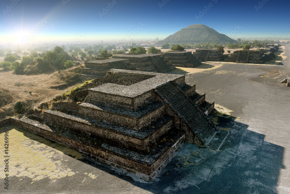 Talud Tablero Platforms & pyramid of the sun Along Avenue of the Dead, site  of many Mesoamerican pyramids built in the pre-Columbian America -  Teotihuacan, Mexico Stock Photo | Adobe Stock