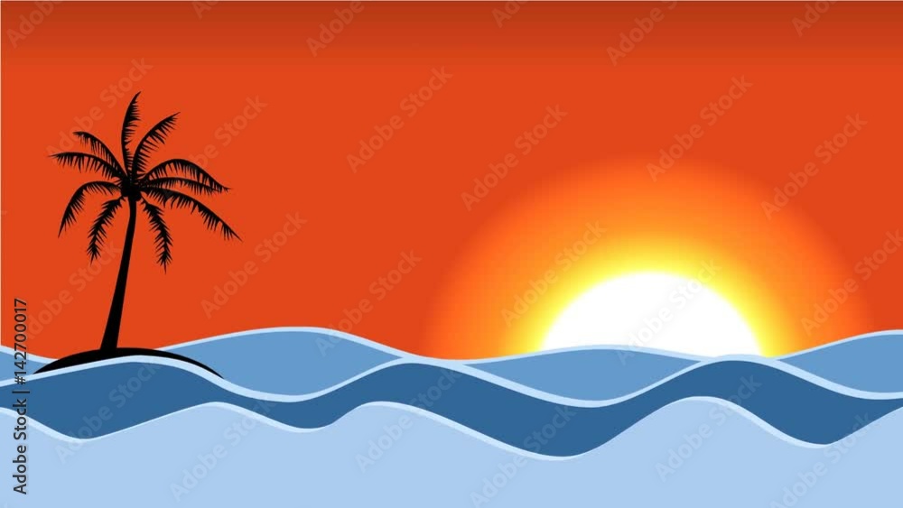 Cartoon sea and palm with jumping dolphins Cartoon sea and palm with jumping dolphins