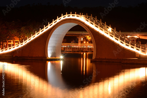 Traditional Chinese bridge and reflection over Dahu Park lake at night in Taipei, Taiwan © David Carillet