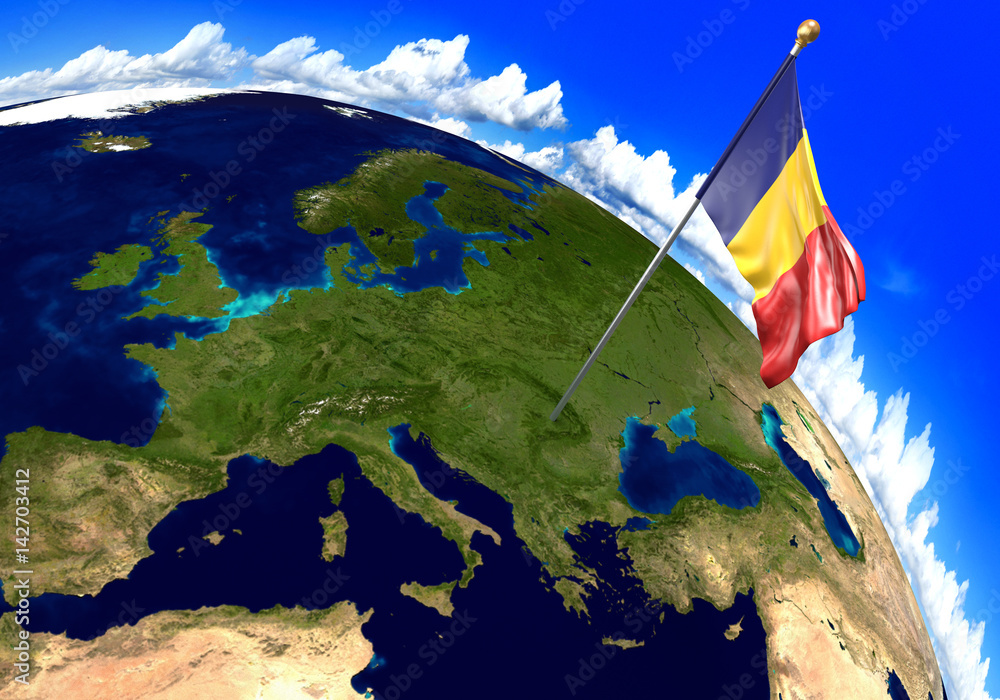 Romania national flag marking the country location on world map. 3D ...