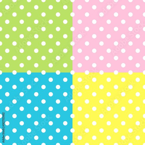 Seamless Patterns, White Polka Dots on red, yellow, blue, green backgrounds. Vector illustration.