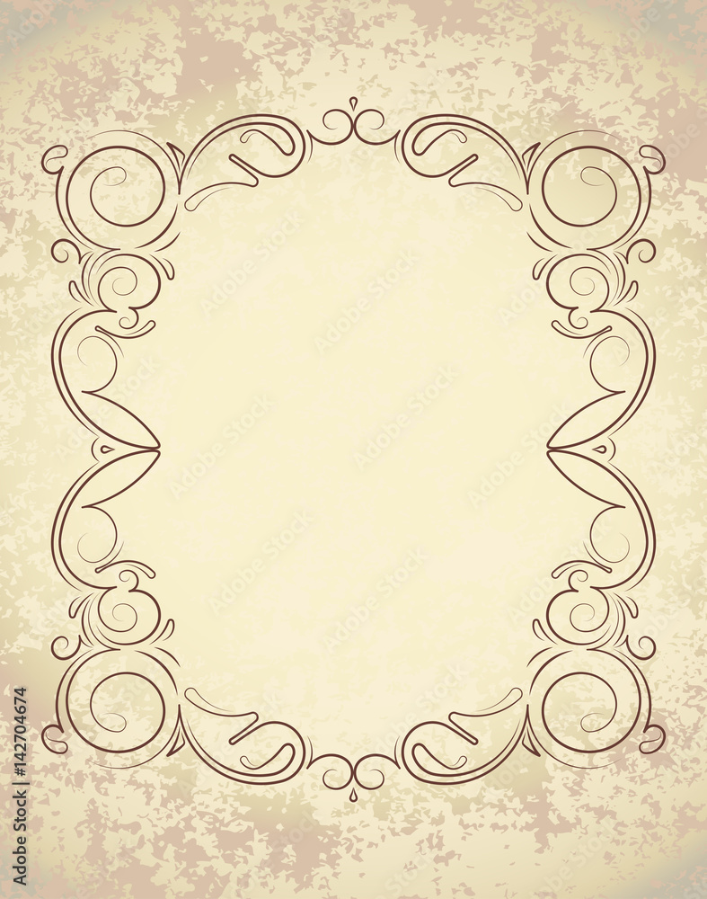 Old frame on aged paper with empty space for text. Retro vintage greeting card, invitation or template for notes.