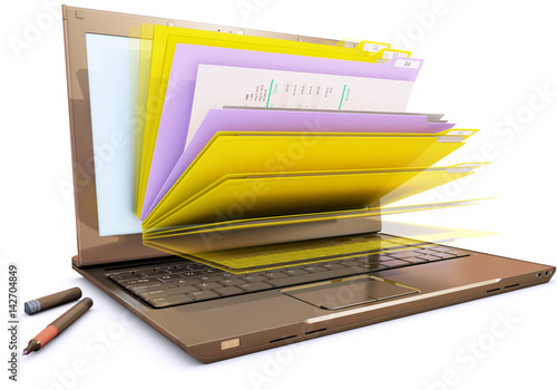 file in database - laptop with folders, 3d rendering photo