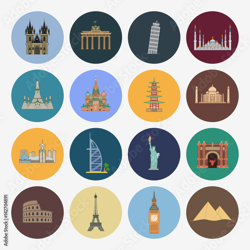 sixteen flat landmark icons 