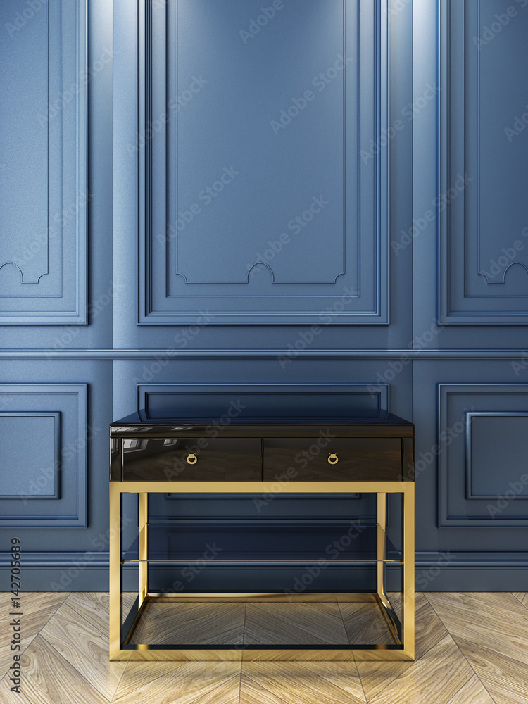 Black console with gold in classic blue interior. 3d render illustration. Black console with gold in classic blue interior. 3d render illustration.