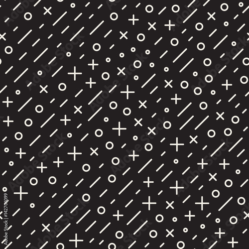 Retro geometric line shapes seamless patterns. Abstract jumble textures. Black and white scattered shapes