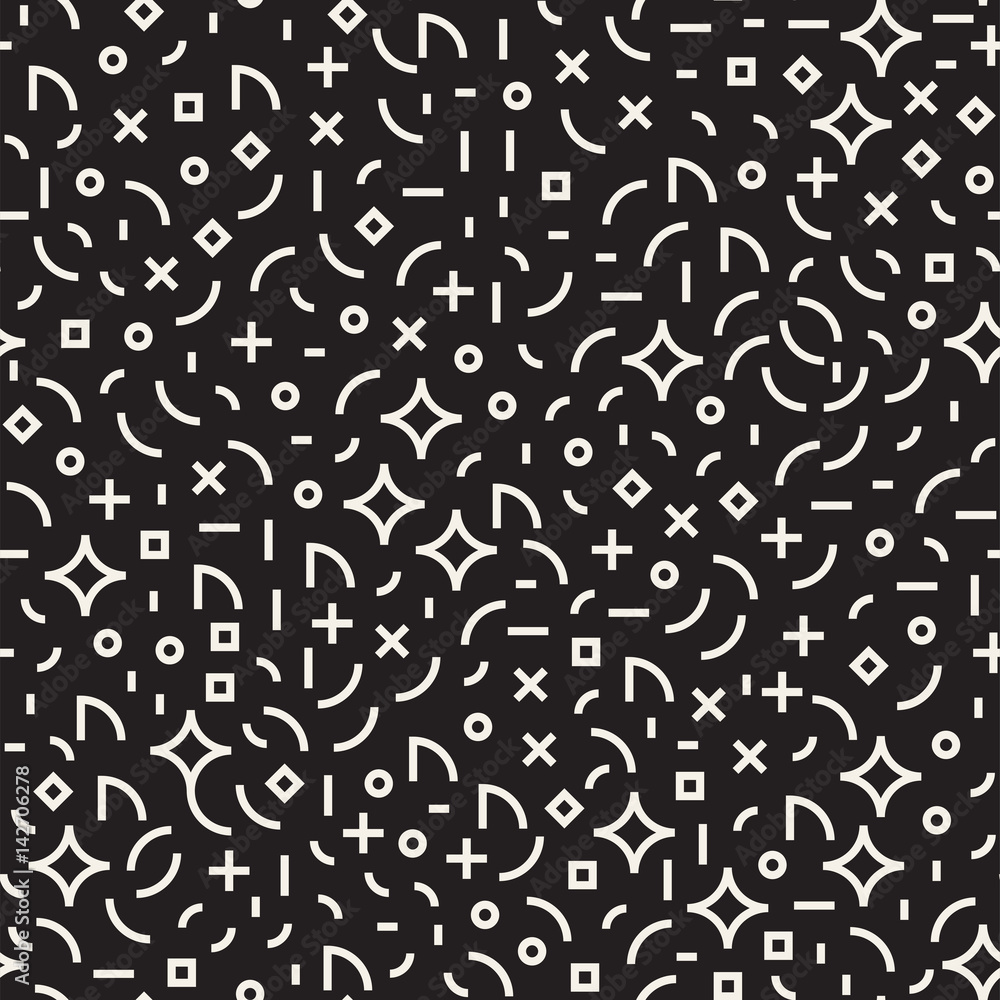 Retro geometric line shapes seamless patterns. Abstract jumble textures. Black and white scattered shapes Retro geometric line shapes seamless patterns. Abstract jumble textures. Black and white scattered shapes