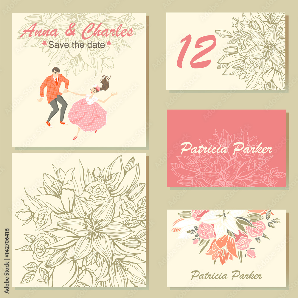 Collection of wedding invitation cards with a floral pattern and a cute colorful illustration of a dancing couple in cartoon style. 