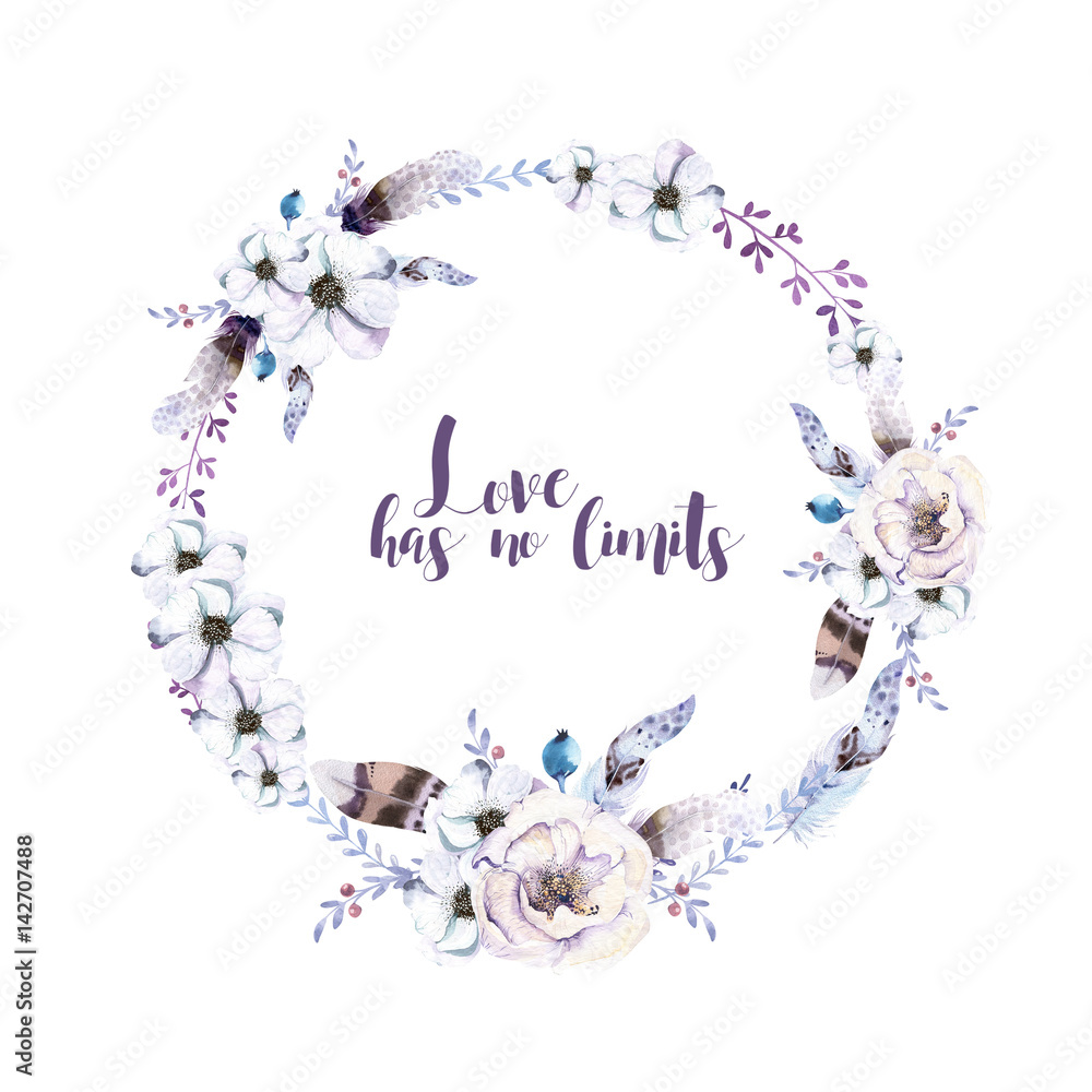 Watercolor floral wreath. Watercolour natural frame: leaves, feathers, flowers, birds. Isolated on white background. Artistic decoration illustration. Save the date.