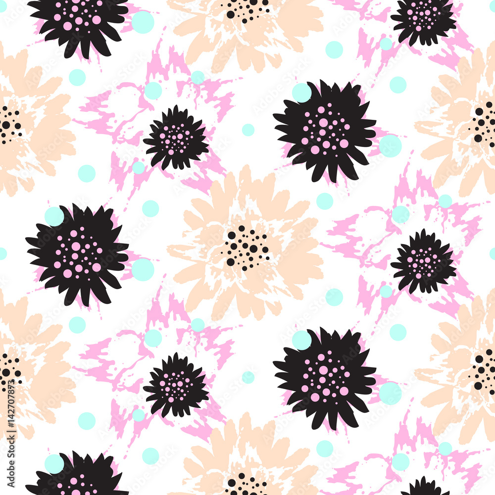 Bold brush strokes floral vector seamless pattern. Rough white background with peach blush flowers.