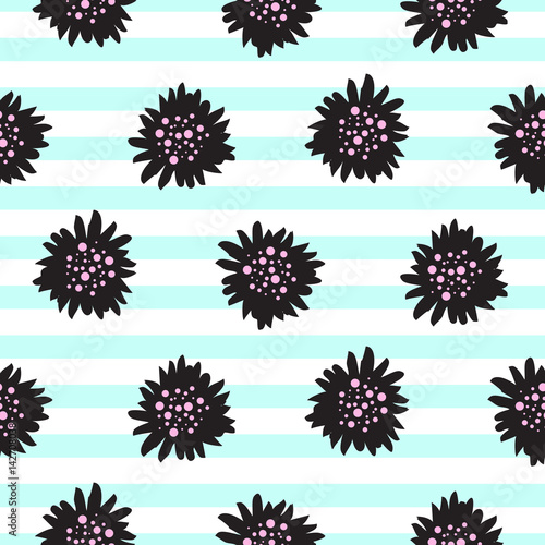 Striped black bold florals seamless vector pattern. Blue horizontal lines flower background.