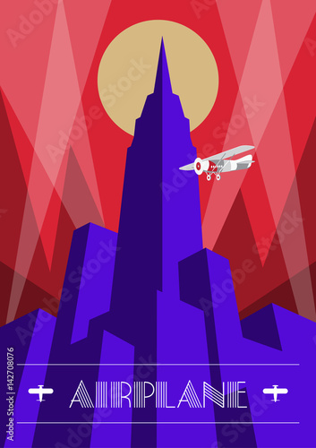 Skyscraper and airplane poster in art deco style. Vintage travel illustration.