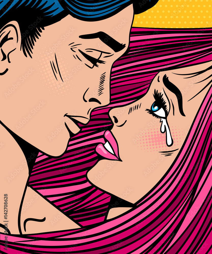 Vettoriale Stock Pop art love kissing couple. Crying woman with pink hair  and open mouth and sexy man before kiss. Vector colorful background in pop  art retro comic style. Valentine's day poster.