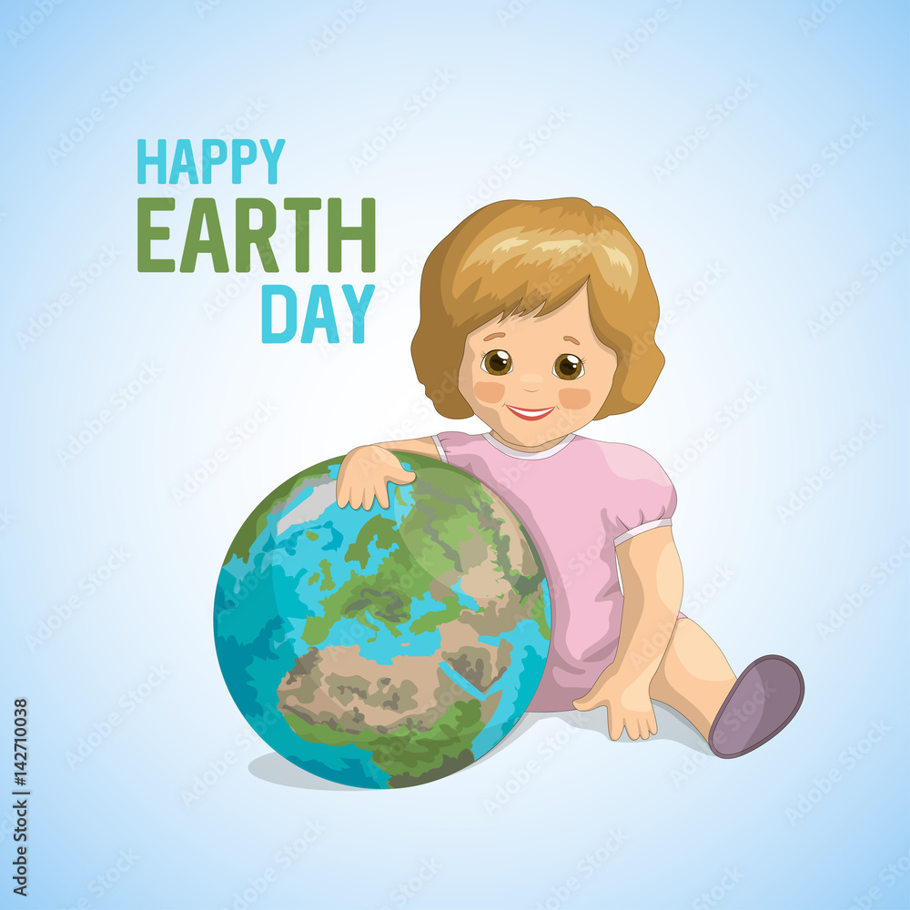 Conceptual ecological banner for World Earth Day. Little girl with red hair sits and hugs the planet Earth on blue background, taking care of the environment. Vector illustration Conceptual ecological banner for World Earth Day. Little girl with red hair sits and hugs the planet Earth on blue background, taking care of the environment. Vector illustration