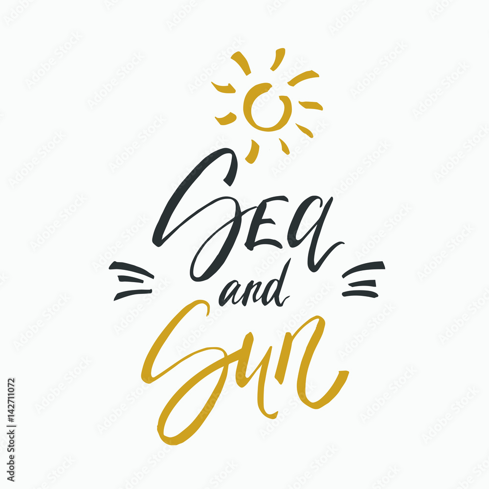 Obraz premium Sea and sun lettering on white background. Vector hand drawn illustration for greeting cards.