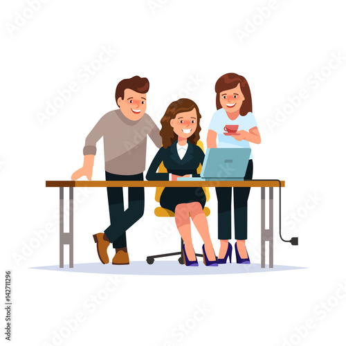 Vector illustration business team startup happy achievement, success. Young people working and talking in the workplace cartoon flat style isolated background