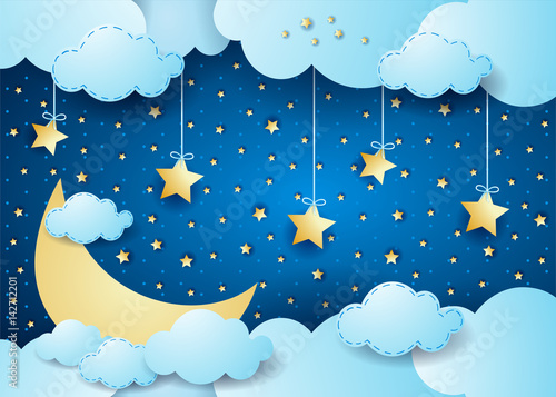 Surreal night with big moon and hanging stars