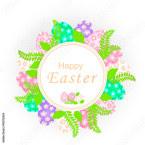 Easter banner template with beautiful colorful eggs and green leaves. Vector illustration.