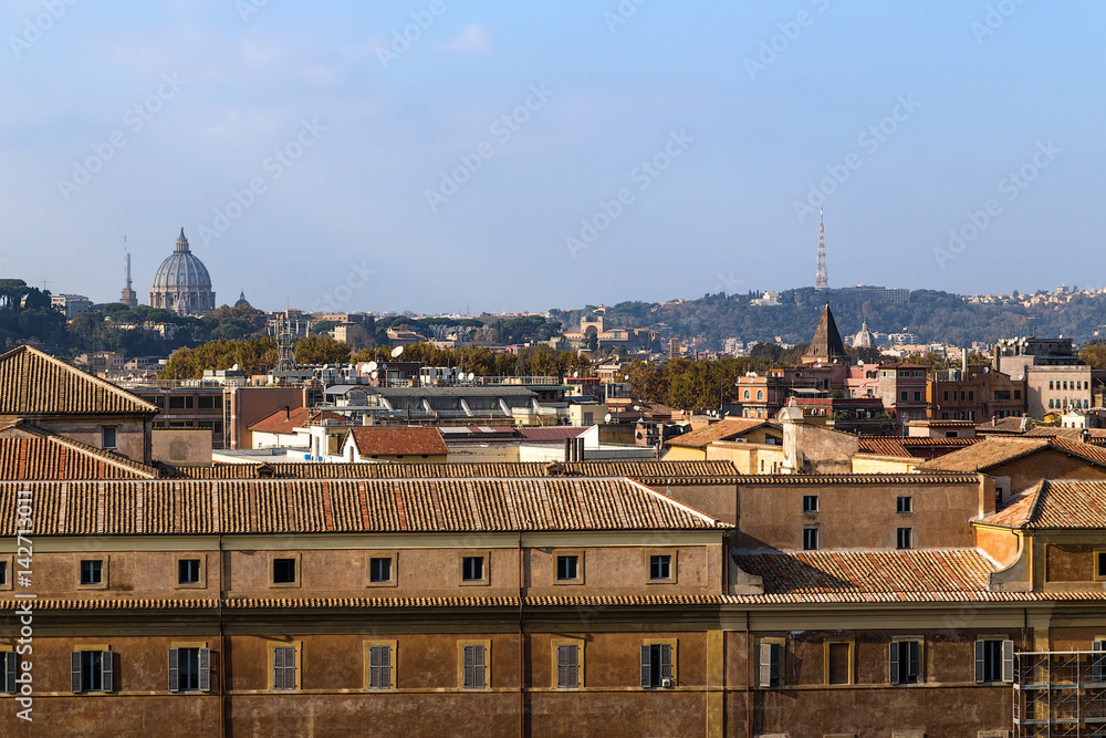 Rome, Italy. View of the right bank of the city from the Aventine Hill.
