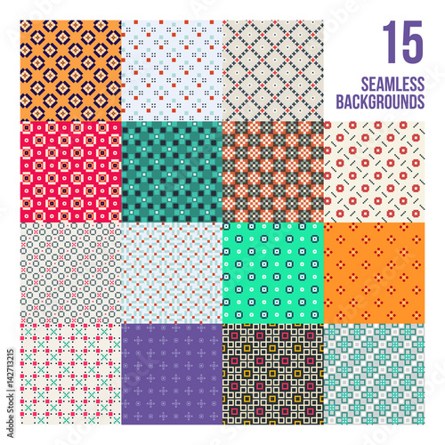 Big set of 16 colorful pixelated patterns. Childish style. Useful for wrapping and textile design.