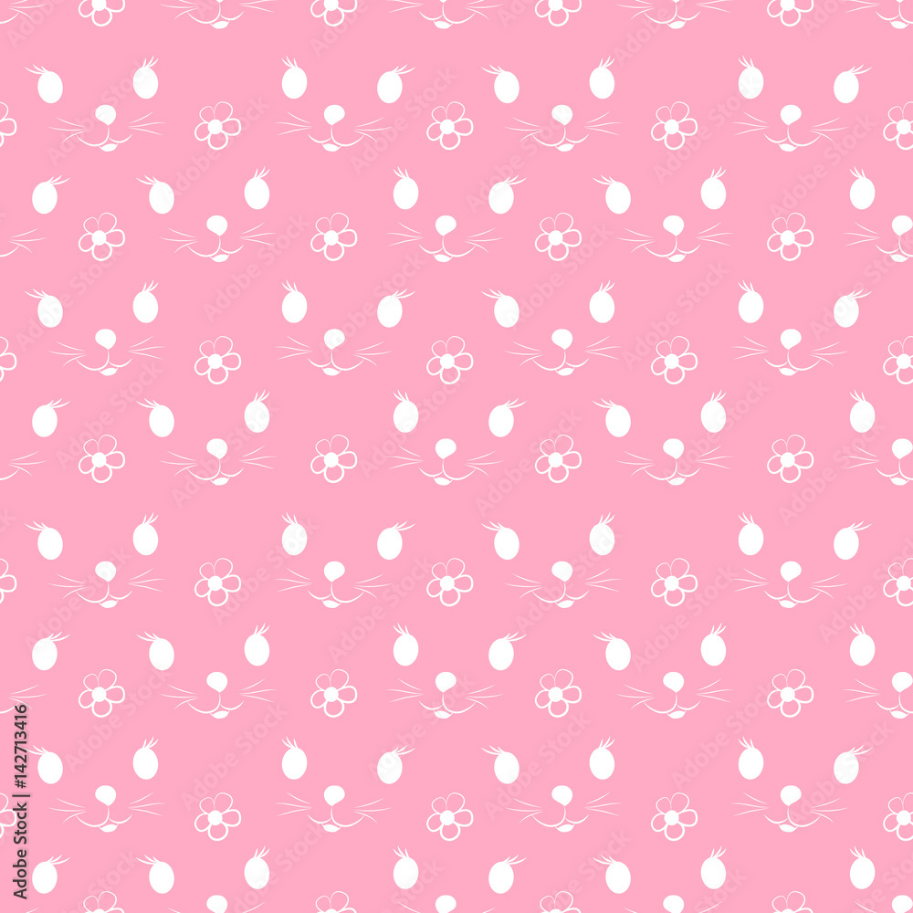 Seamless pink pattern with cute face and flowers