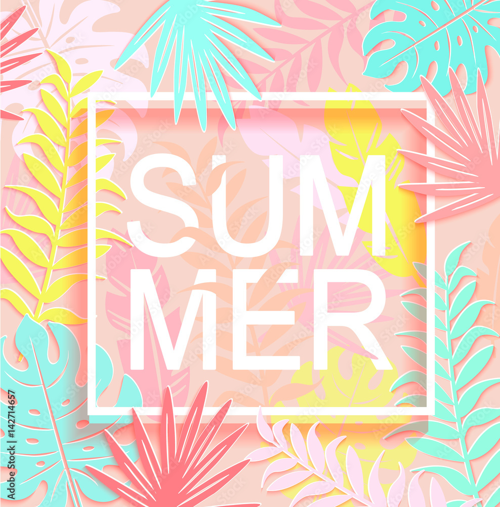 The word summer is surrounded by tropical leaves. The word summer is surrounded by tropical leaves.