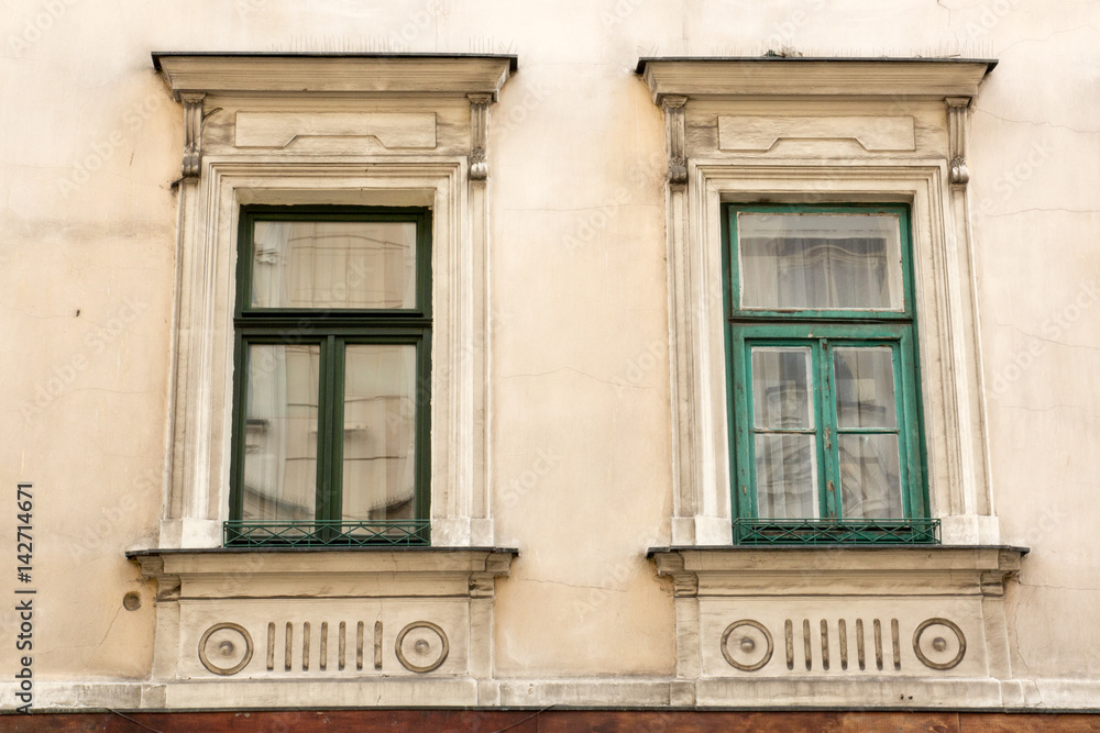 Fototapeta premium Two vintage design green windows on the facade of the old house