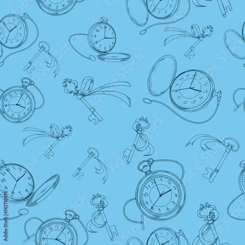 Seamless vintage pattern with watches and keys