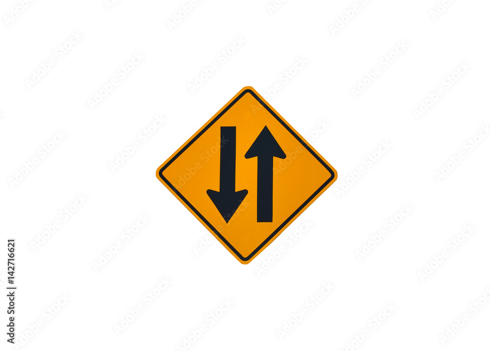 Traffic sign, Two way traffic ahead sign on white background Traffic sign, Two way traffic ahead sign on white background