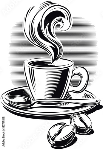 Cup of steaming coffee.