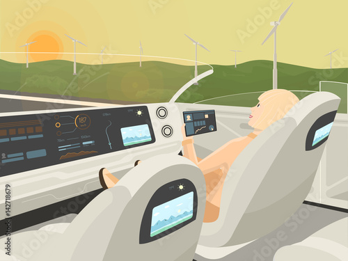 Self-driving electric car goes with relaxing passenger. Autonomous intelligent car without roof. Happy business woman with tablet sitting in comfortable smart car. Flat style vector illustration.