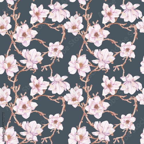 Watercolor branches of magnolia,seamless pattern