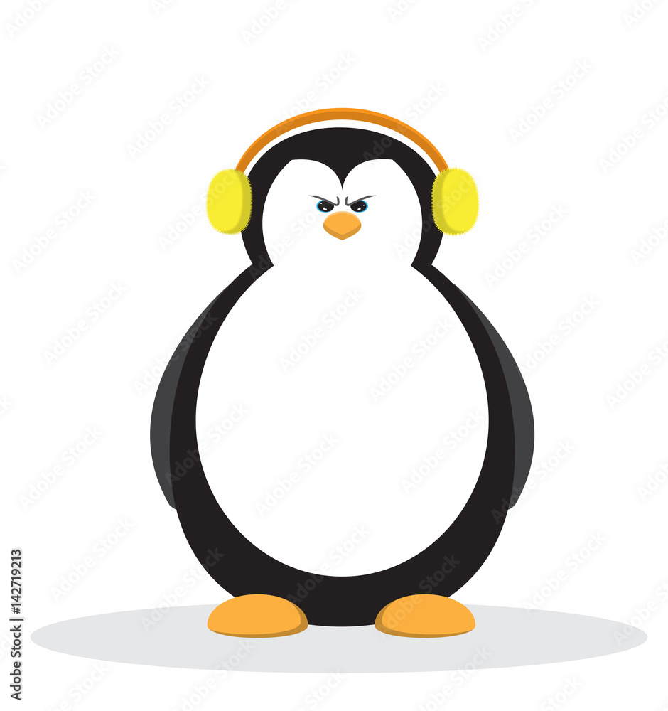 Obraz premium Serious penguin cartoon with yellow headphone.