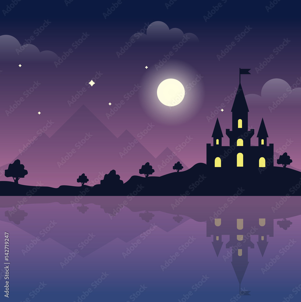 Castle on the hills at night. Magic night. Reflection
