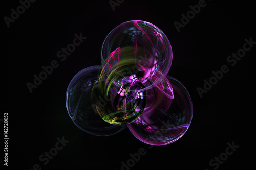 Abstract fractal bubbles in purples and pinks with reflections, on dark background