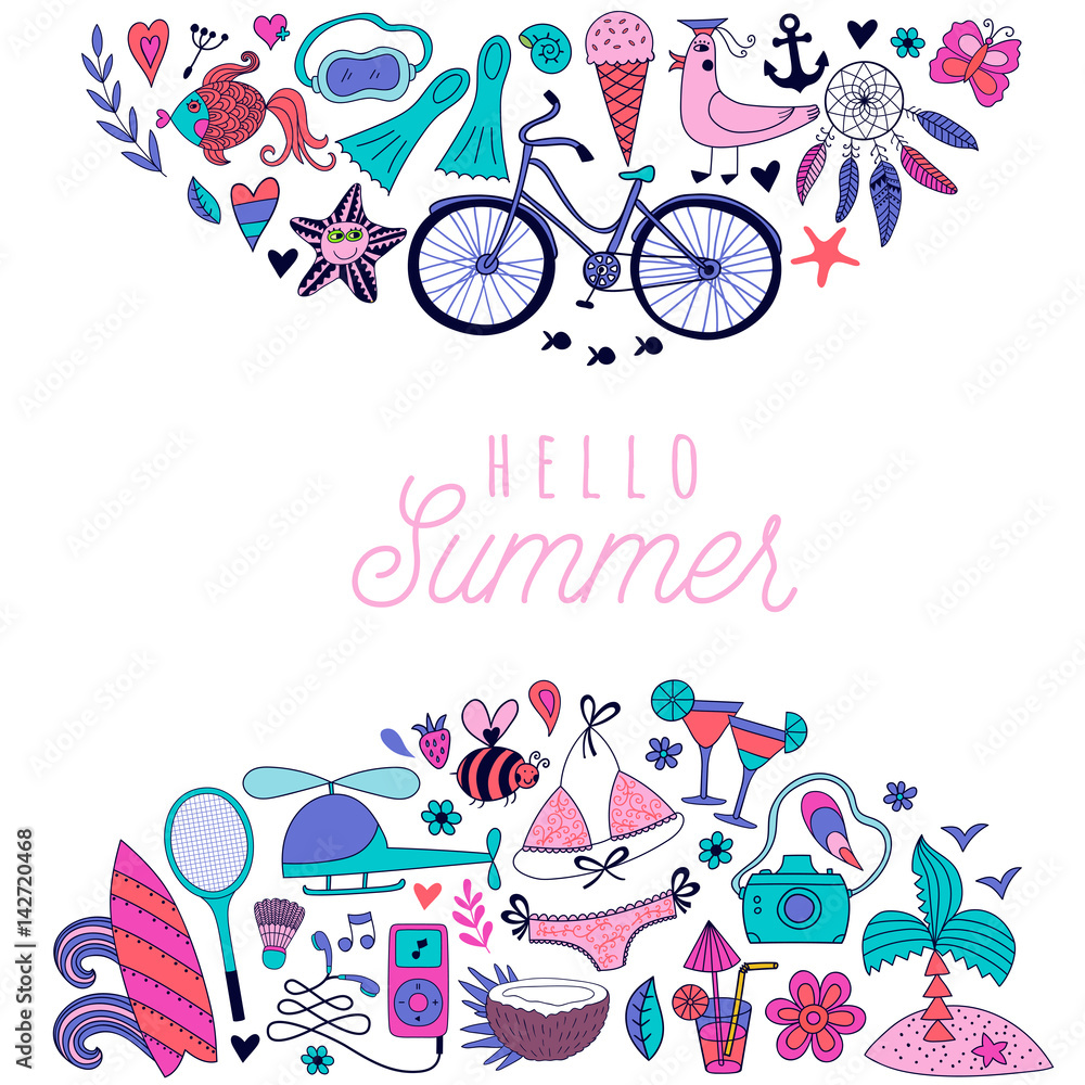 Summer doodles design, travel vacation illustration, ocean and beach concept Summer doodles design, travel vacation illustration, ocean and beach concept