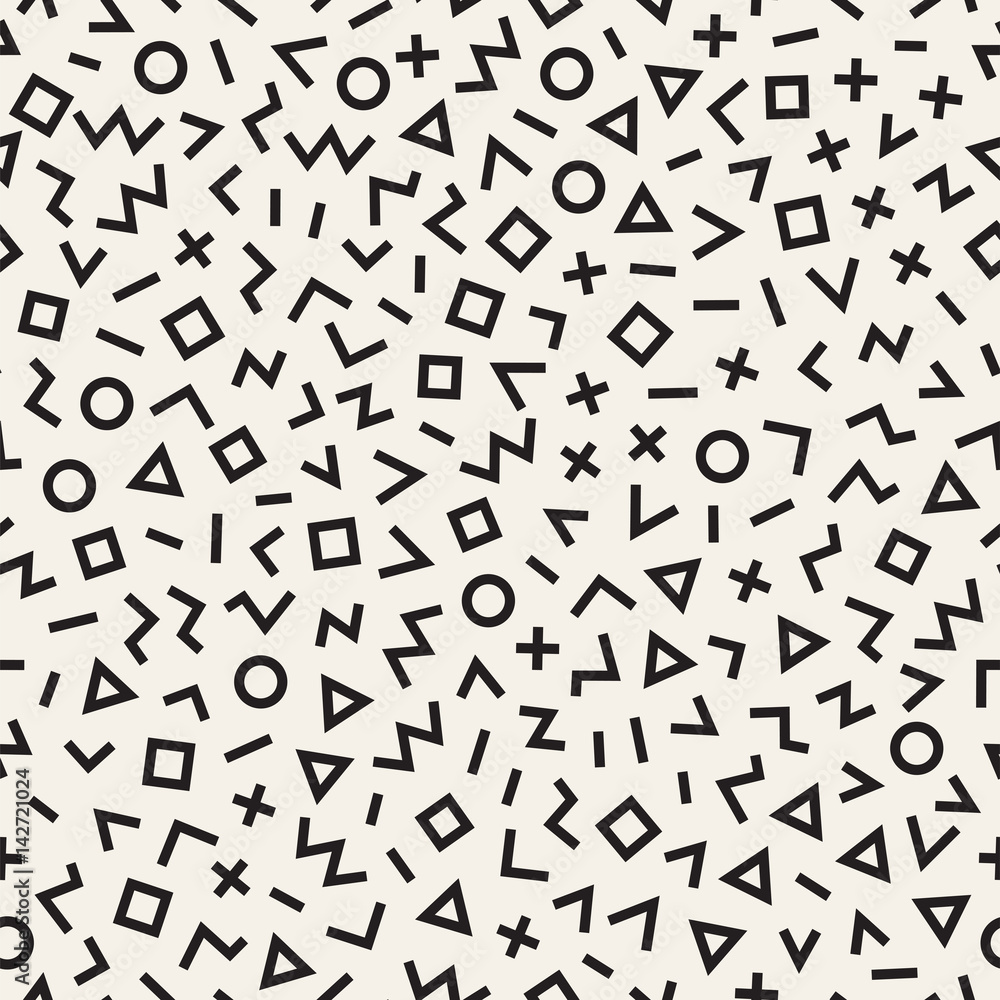 Scattered Geometric Line Shapes. Abstract Background Design. Vector Seamless Black and White Pattern. Scattered Geometric Line Shapes. Abstract Background Design. Vector Seamless Black and White Pattern.