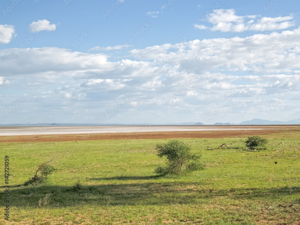 View on savanna plain before mountains against cloudy sky background. Lake Manyara National Park, Tanzania, Africa. 
