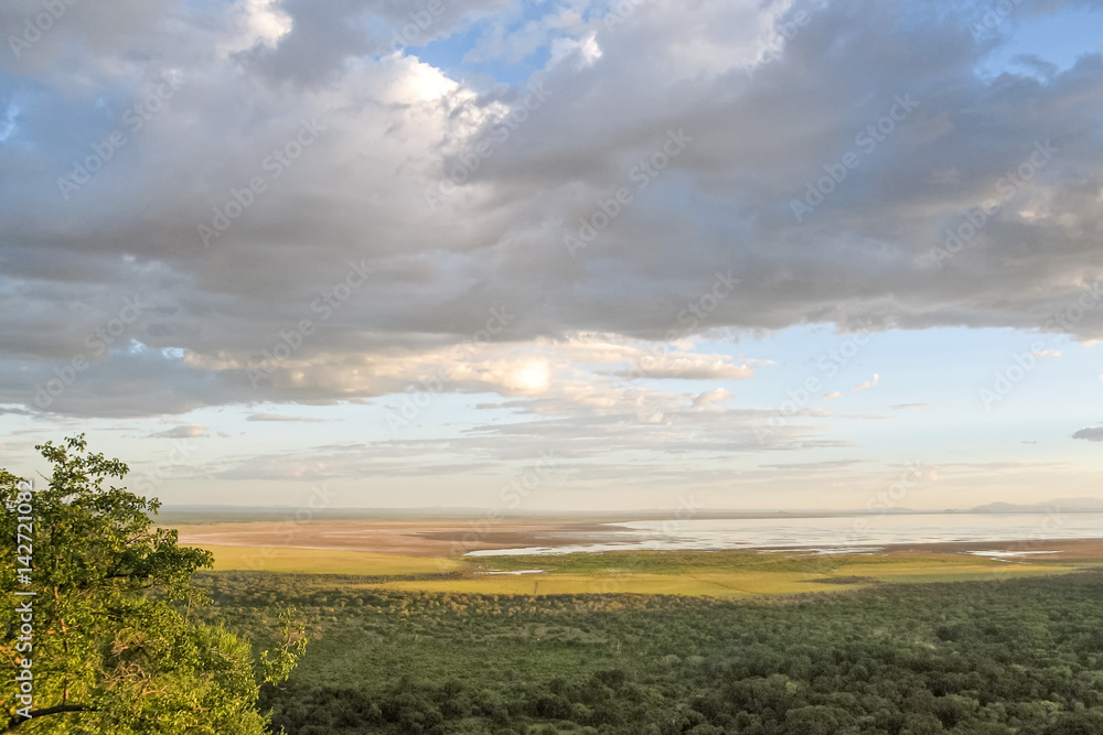 Panoramic view on Manyara Lake National Park at sunset. Great Rift Valley, Tanzania.
