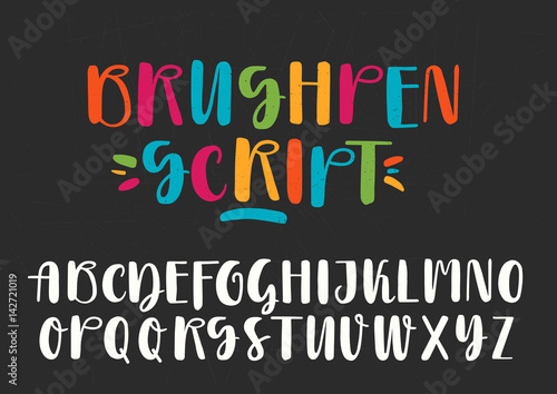 White and colored capital handwritten vector brush pen alphabet on black background.