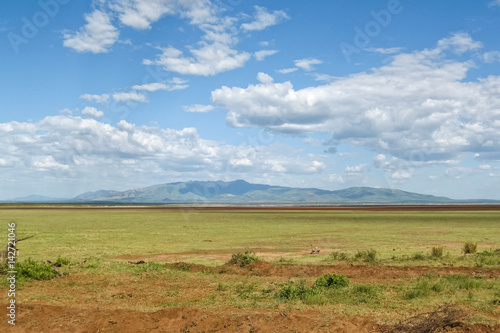 View on savanna plain before mountains against cloudy sky background. Lake Manyara National Park, Tanzania, Africa. 