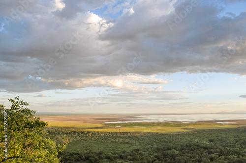 Panoramic view on Manyara Lake National Park at sunset. Great Rift Valley  Tanzania.  