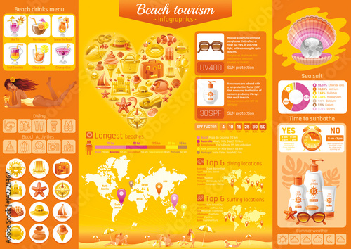 Summer beach travel icon set infographics diagram. Sea vacation icons, isolated background. People traveling poster symbol, map, underwater diving, tropical cocktail, yachting vector illustration