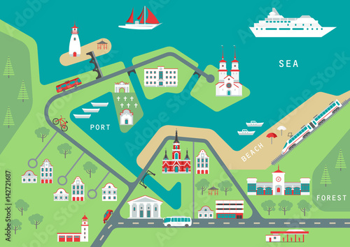 Vector scheme of nonexistent flat seaside town with various buildings, bridges, churches and transport. Template for tourist map of resort city.