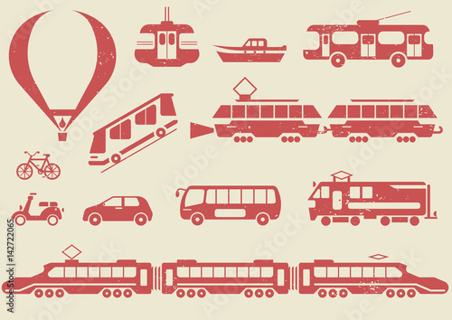Vector set of  logo, stencils and prints of urban transport. Red vehicles on a white grunge background.
