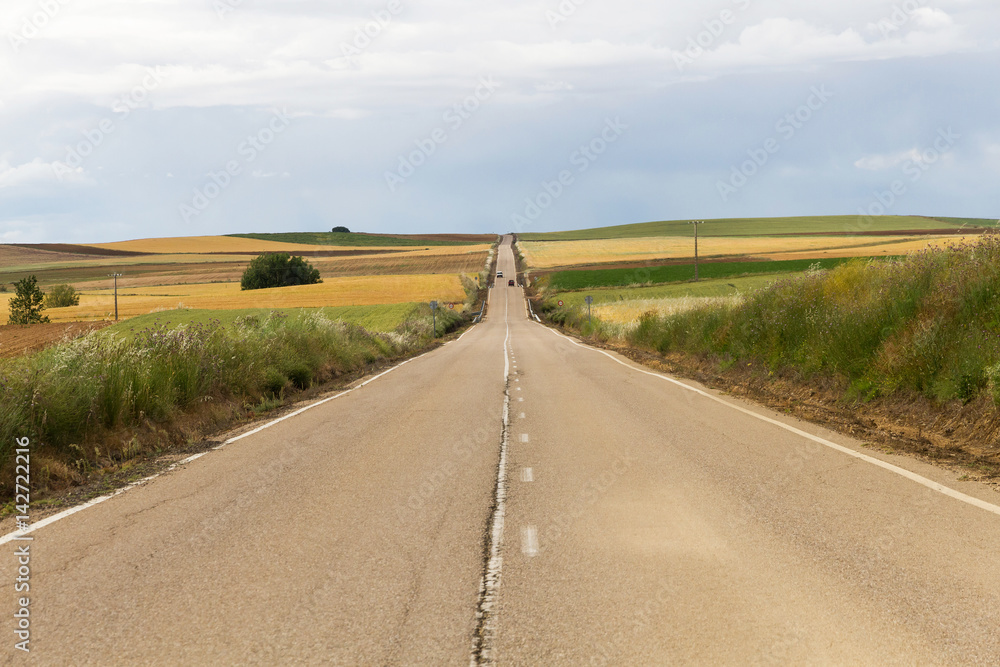 Larga Recta de Carretera en Paisaje Ondulado con Campos Cultivados Larga Recta de Carretera en Paisaje Ondulado con Campos Cultivados